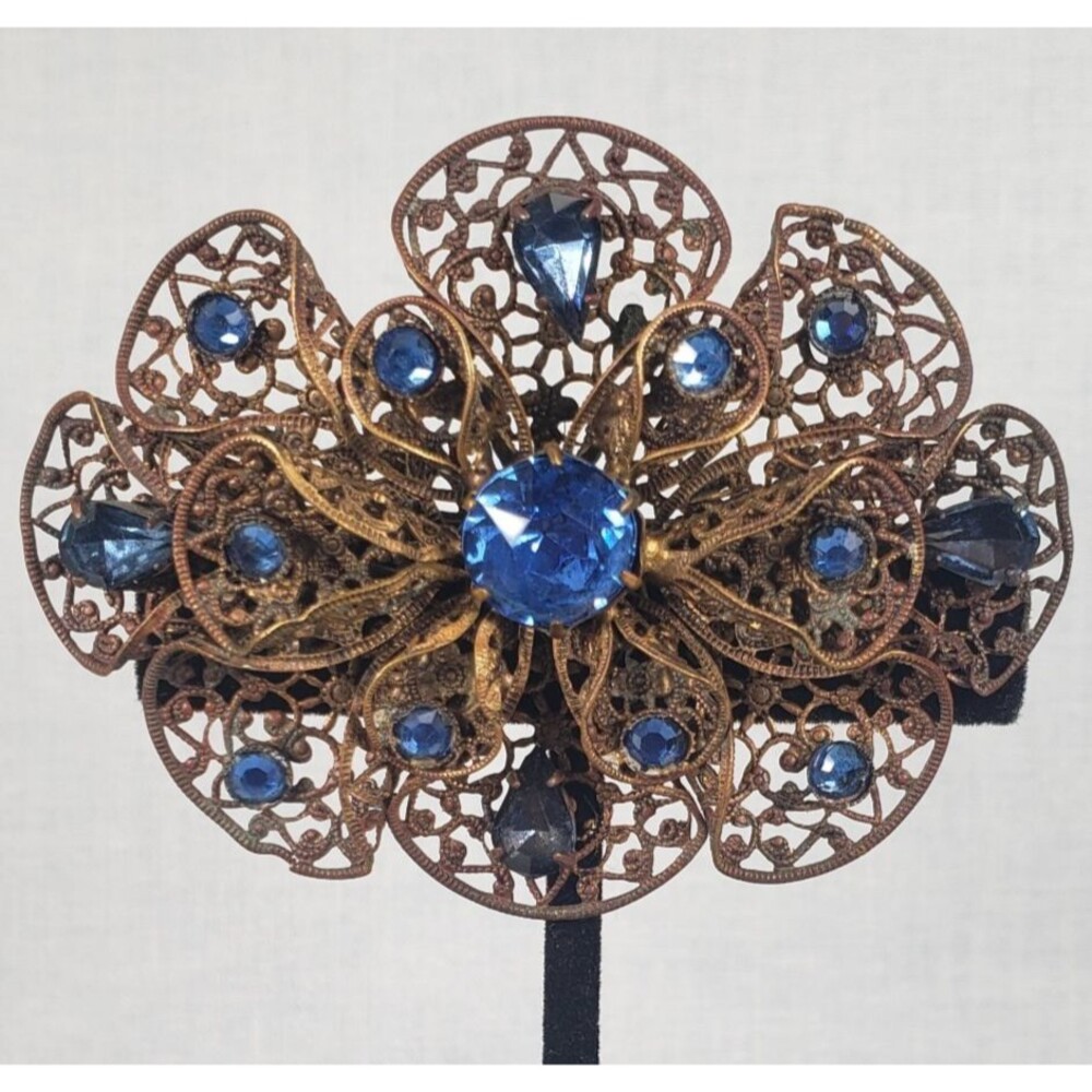 Antique Czech Art Deco Large Blue Glass Gold Tone Filigree Brooch